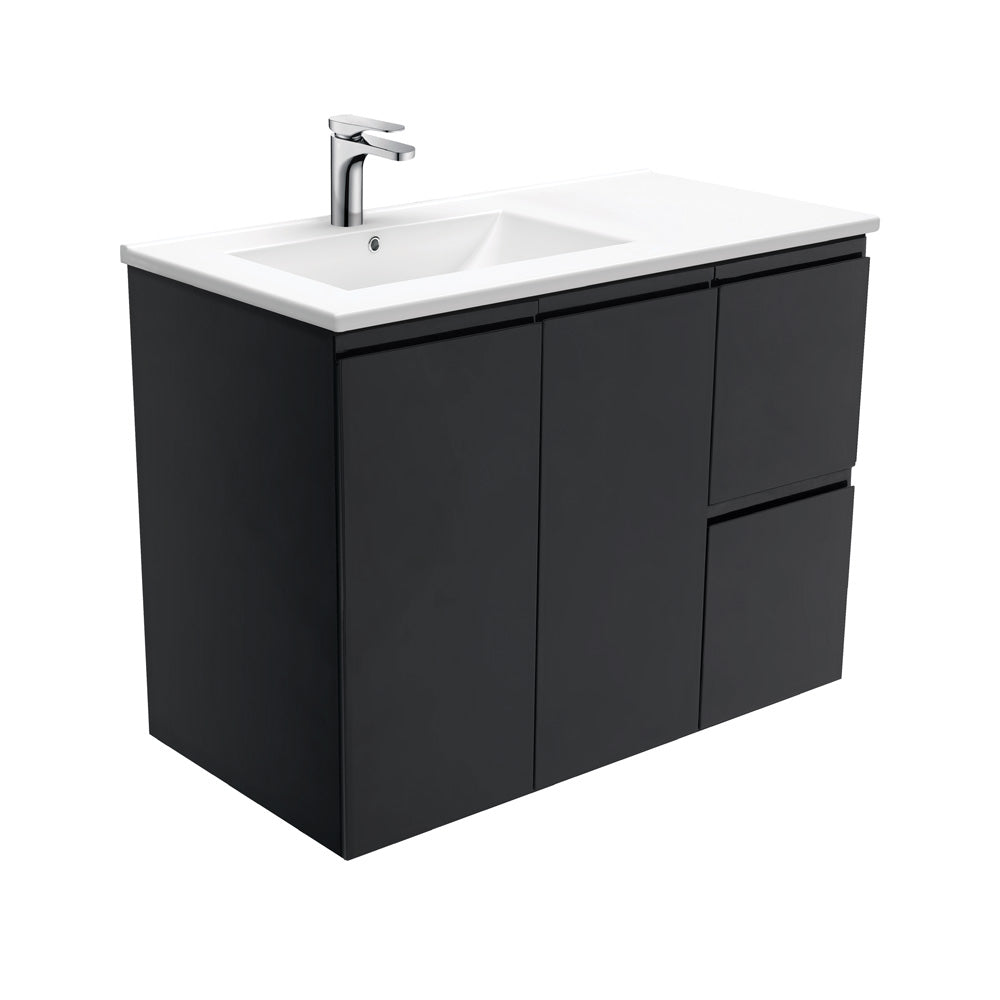 Dolce Fingerpull Satin Black 900 Offset Wall-Hung Vanity, Left Basin