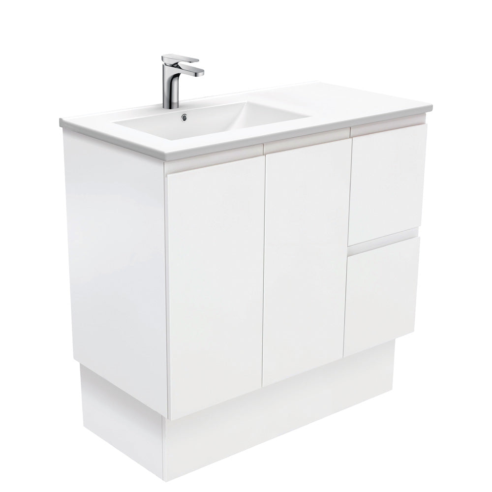 Dolce Fingerpull Satin White 900 Offset Vanity on Kickboard, Left Basin