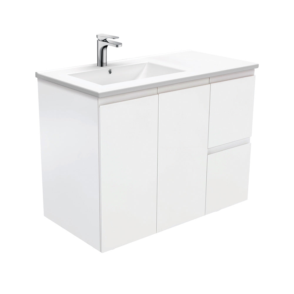 Dolce Fingerpull Satin White 900 Offset Wall-Hung Vanity, Left Basin