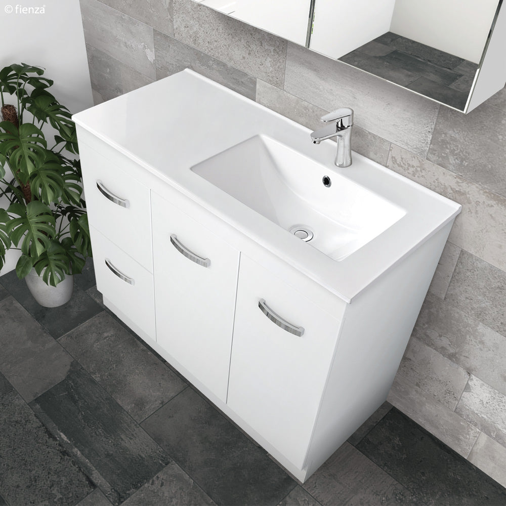 Dolce Edge Scandi Oak 900 Offset Vanity on Kickboard, Right Basin