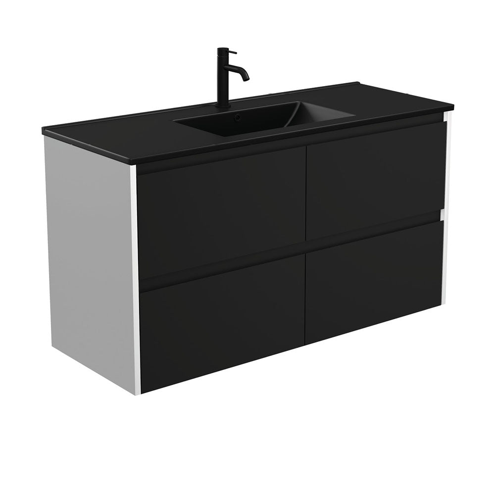 Dolce Matte Black Amato 1200 Satin Black Wall-Hung Vanity, Satin White Panels