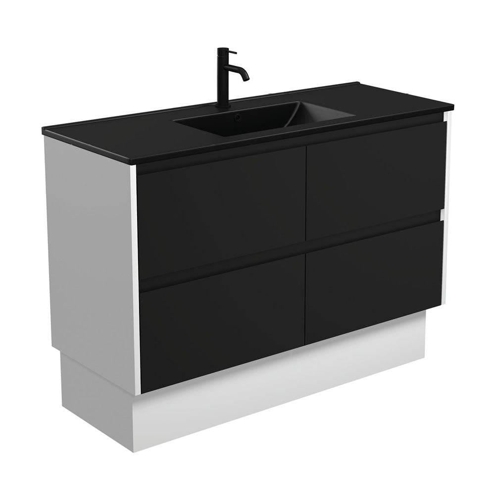 Dolce Matte Black Amato 1200 Satin Black Vanity On Kick, Satin White Panels