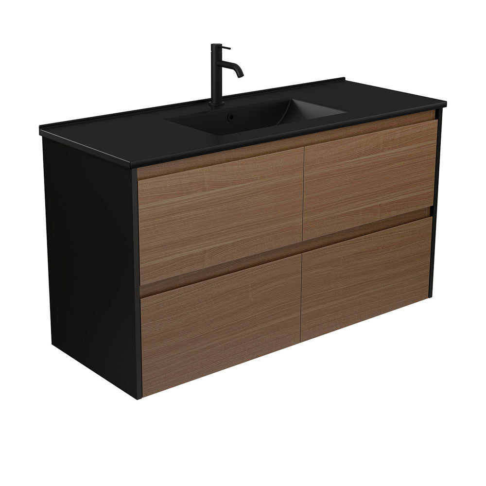 Dolce Matte Black Amato 1200 Walnut Wall-Hung Vanity, Satin Black Panels