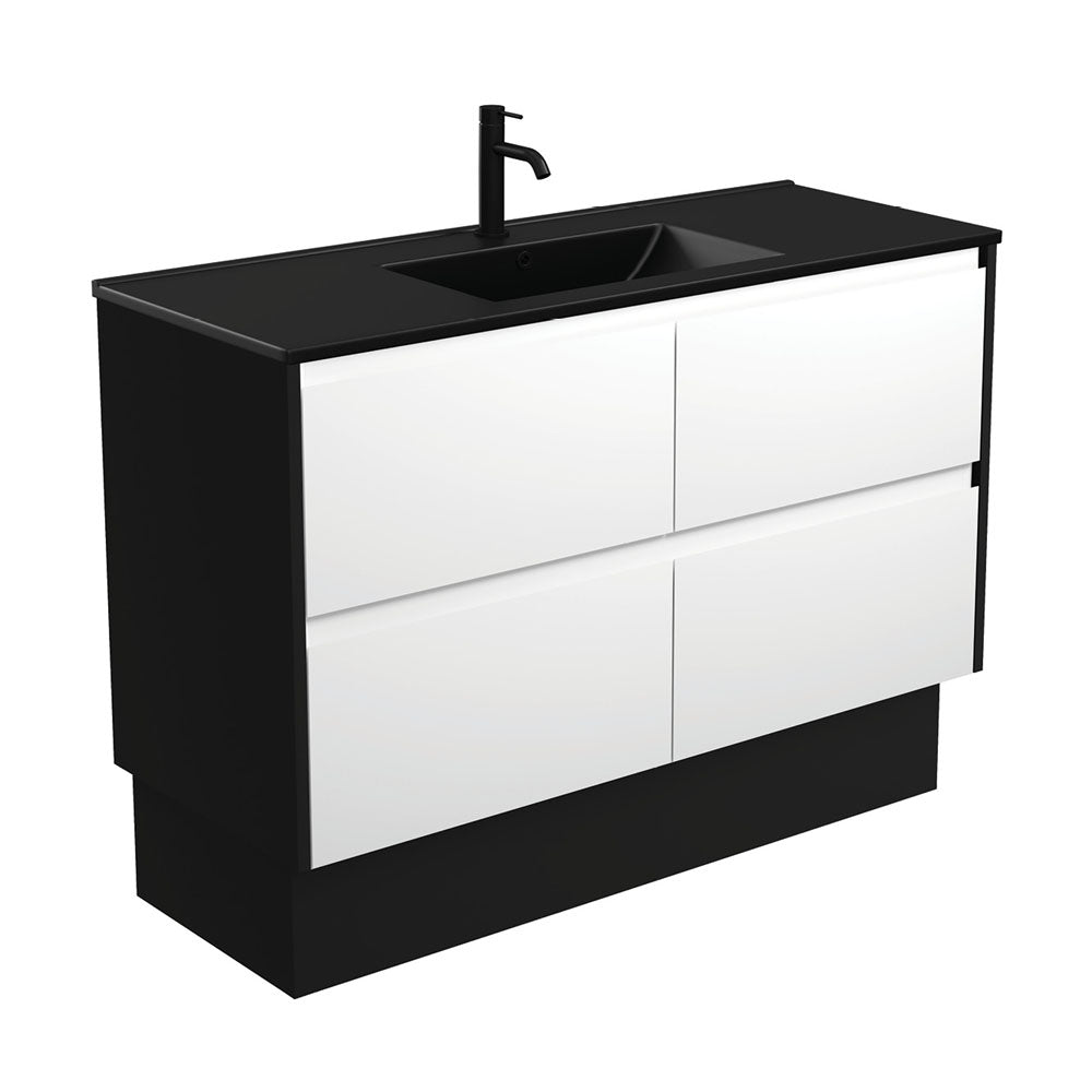 Dolce Matte Black Amato 1200 Satin White Vanity On Kick, Satin Black Panels