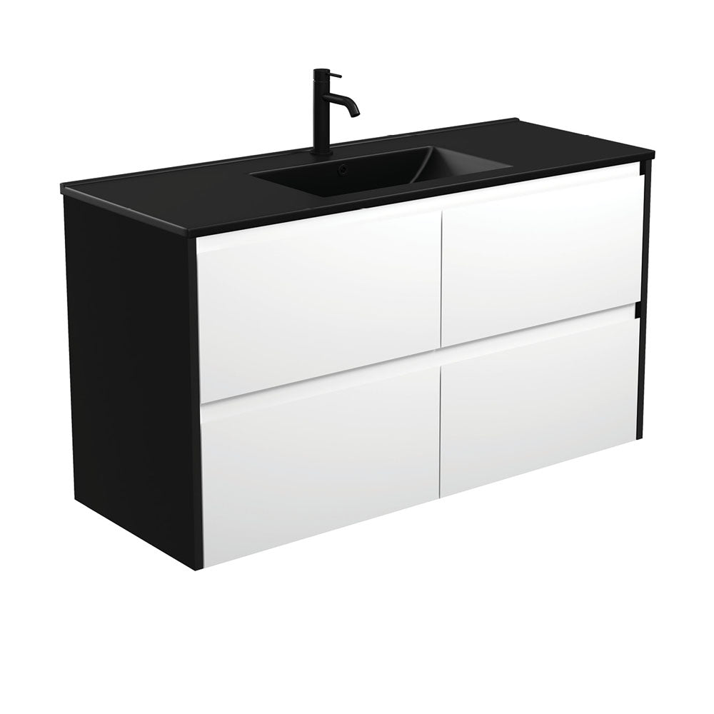 Dolce Matte Black Amato 1200 Satin White Wall-Hung Vanity, Satin Black Panels