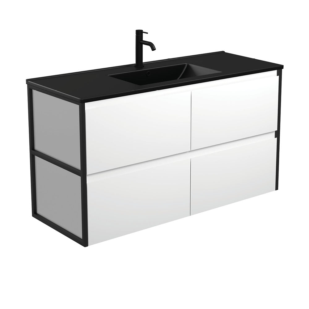 Dolce Matte Black Amato 1200 Satin White Wall-Hung Vanity, Matte Black Frames