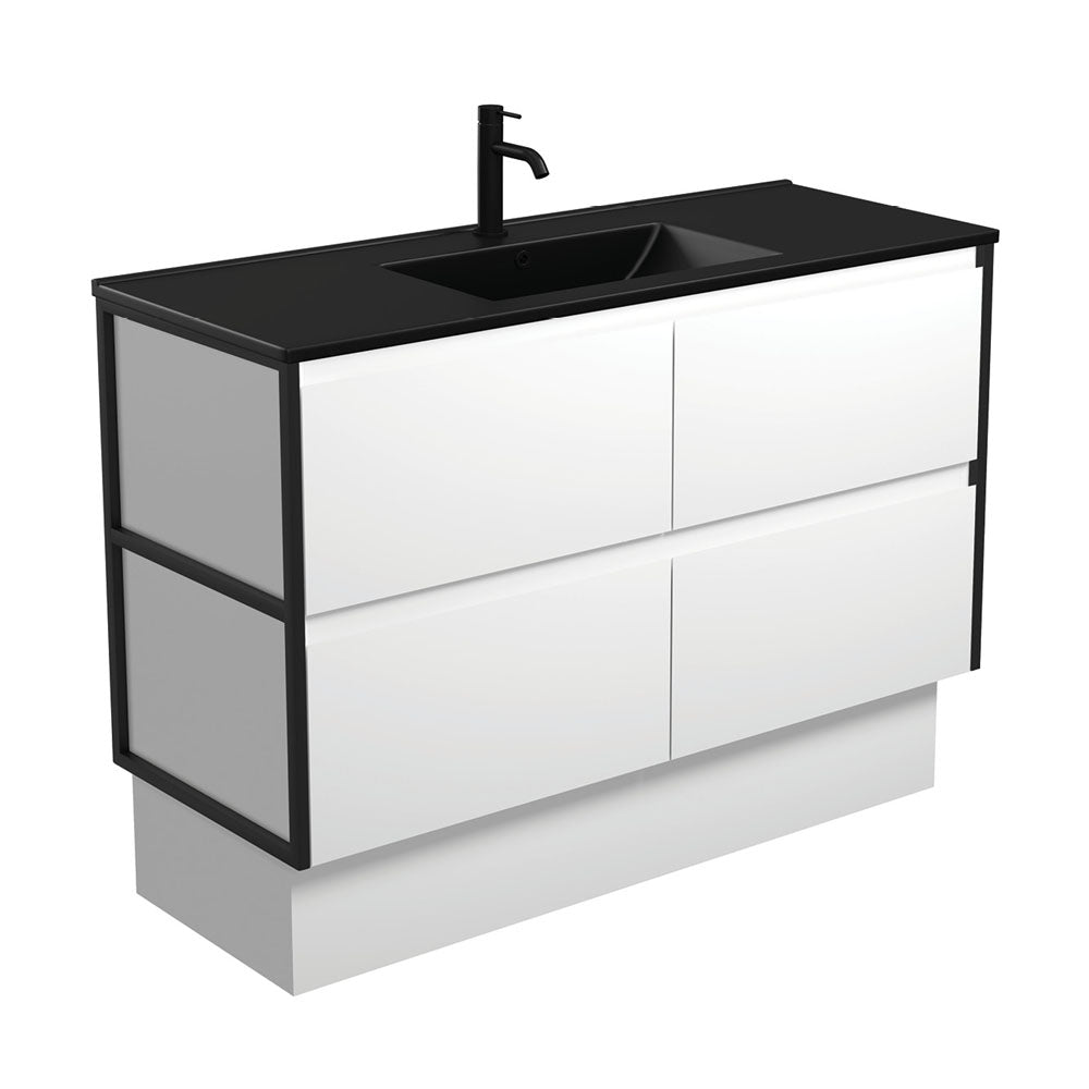 Dolce Matte Black Amato 1200 Satin White Vanity On Kick, Matte Black Frames