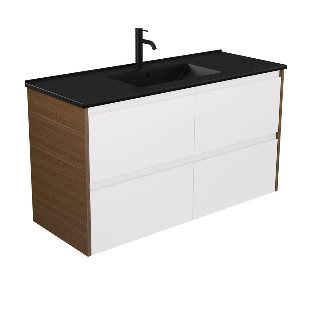 Dolce Matte Black Amato 1200 Satin White Wall Hung Vanity, Walnut Panels