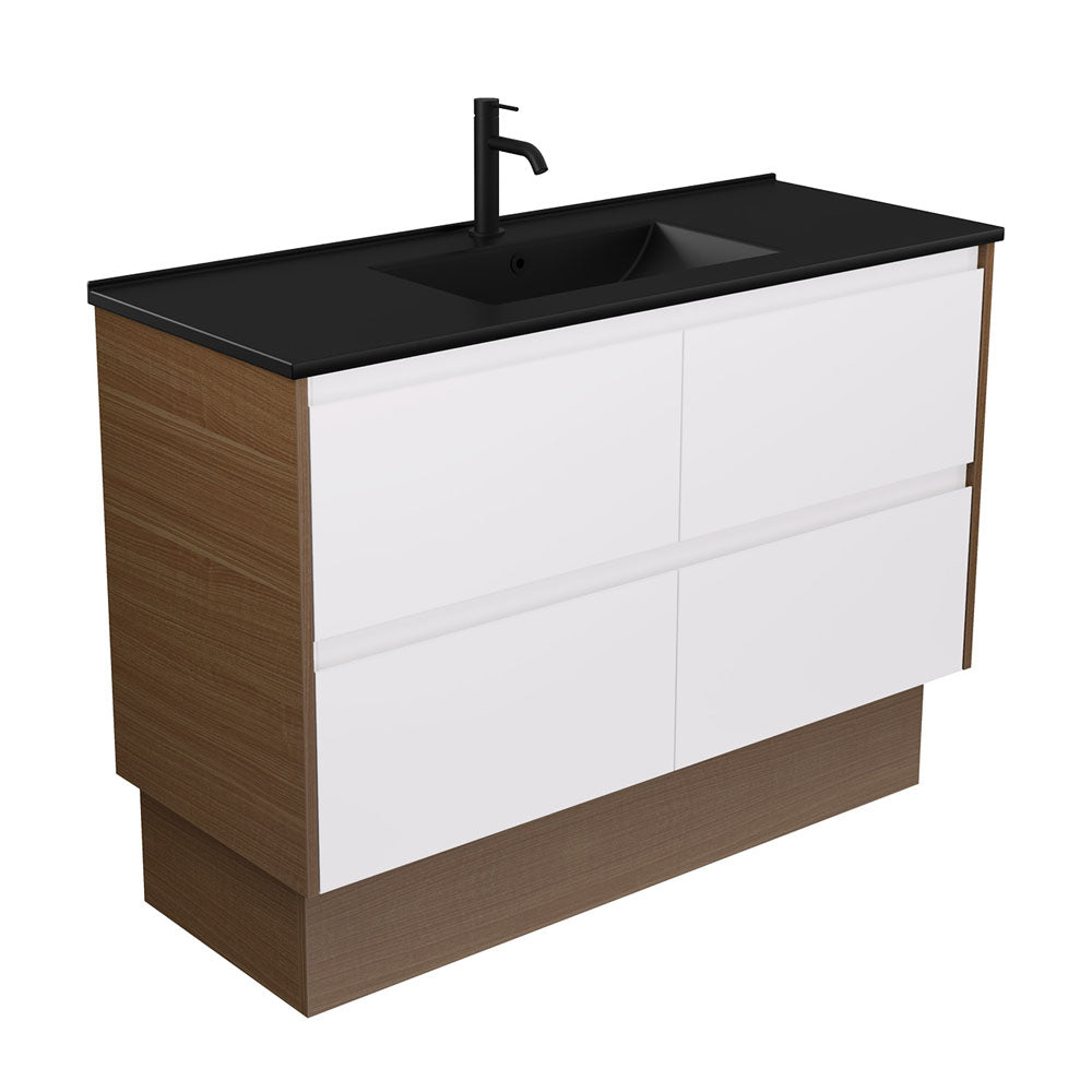 Dolce Matte Black Amato 1200 Satin White Vanity on Kick, Walnut Panels
