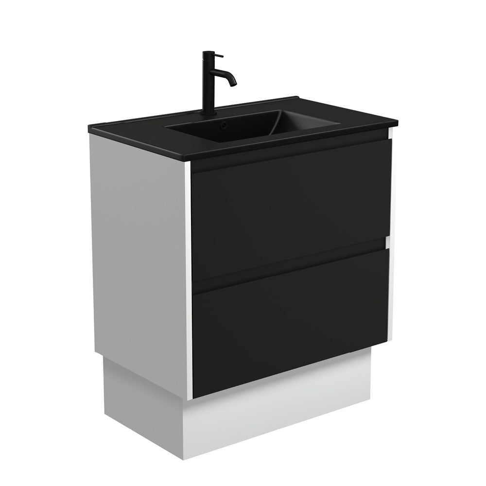 Dolce Matte Black Amato 750 Satin Black Vanity On Kick, Satin White Panels