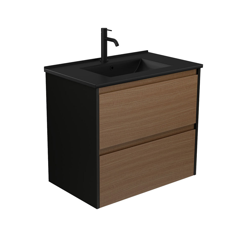 Dolce Matte Black Amato 750 Walnut Wall Hung Vanity, Satin Black Panels