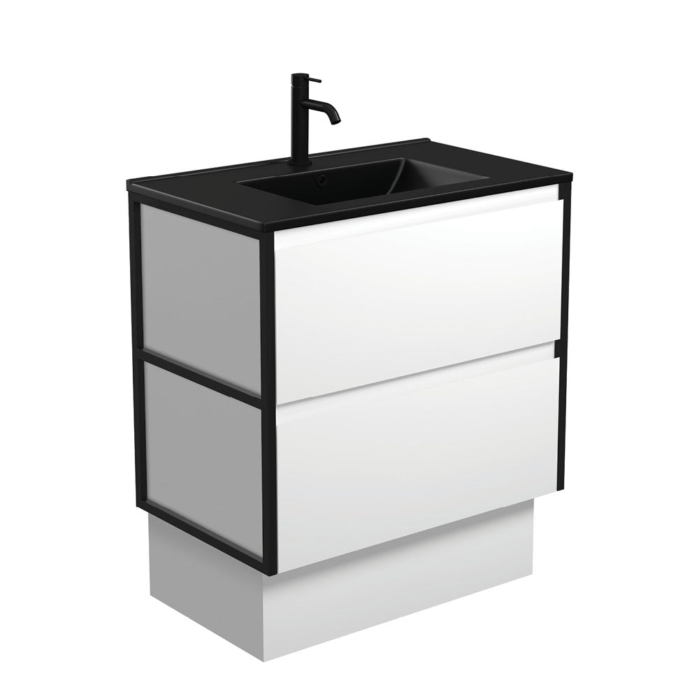 Dolce Matte Black Amato 750 Satin White Vanity On Kick, Matte Black Frames