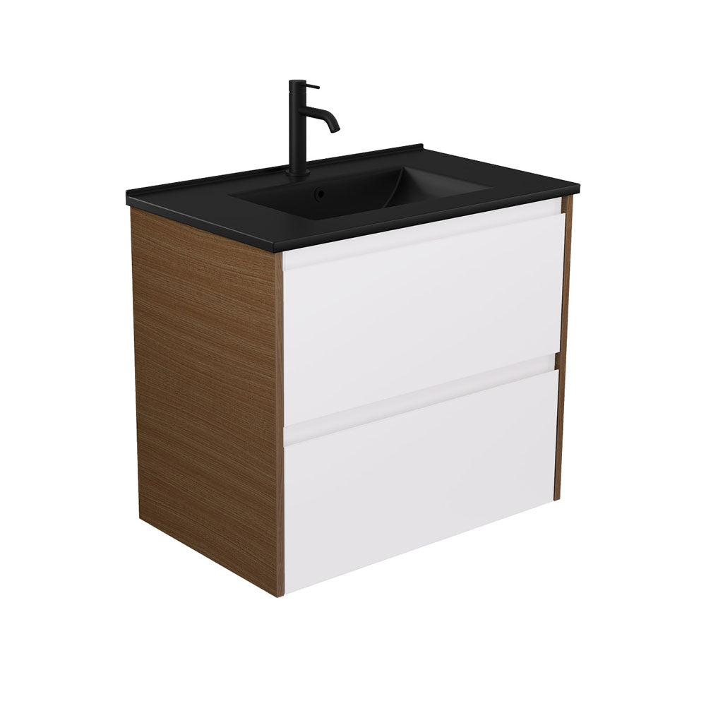 Dolce Matte Black Amato 750 Satin White Wall Hung Vanity, Walnut Panels