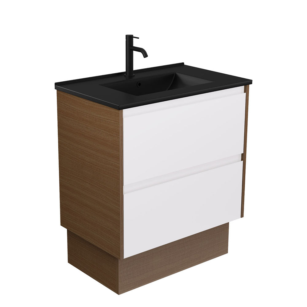 Dolce Matte Black Amato 750 Satin White Vanity on Kick, Walnut Panels