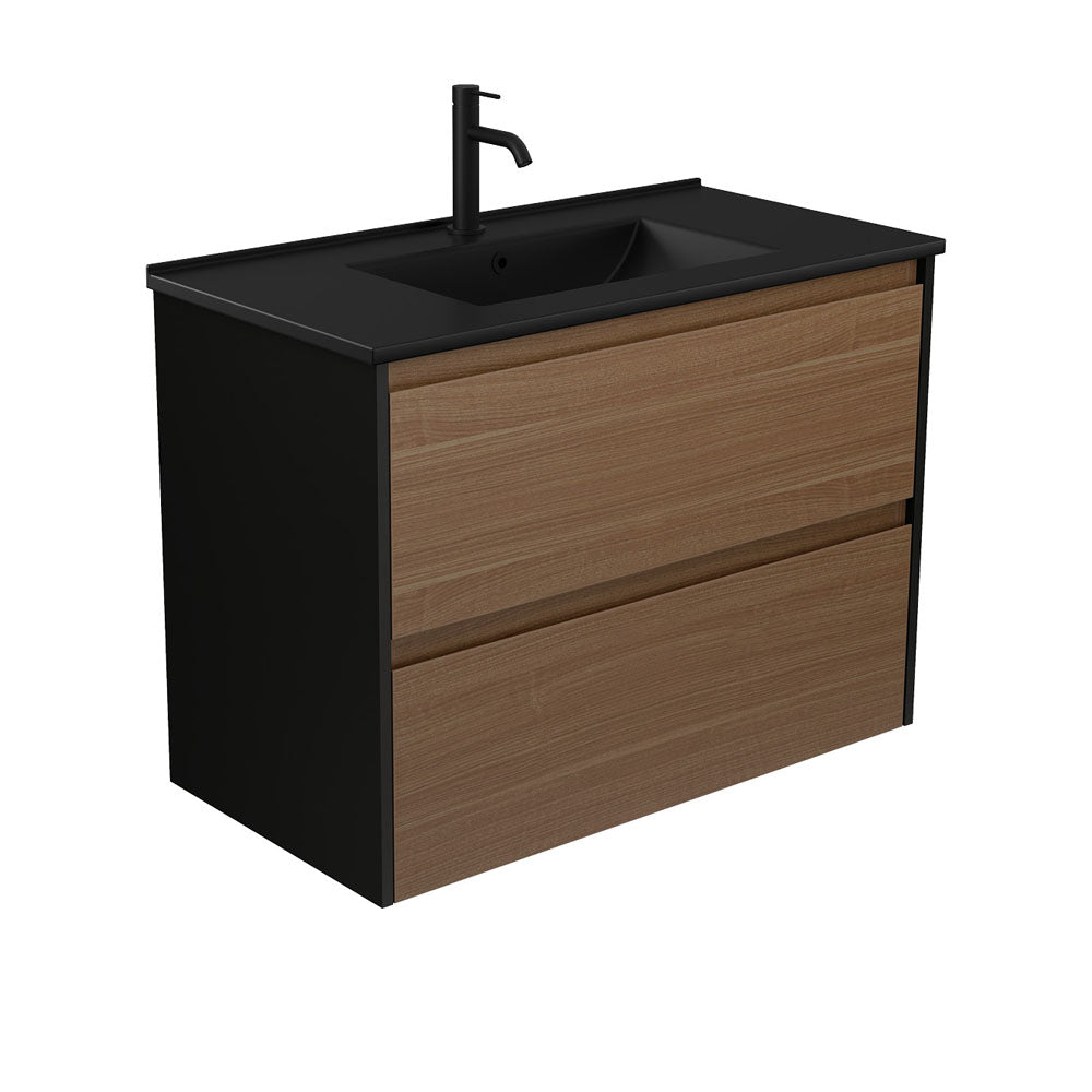 Dolce Matte Black Amato 900 Walnut Wall Hung Vanity, Satin Black Panels