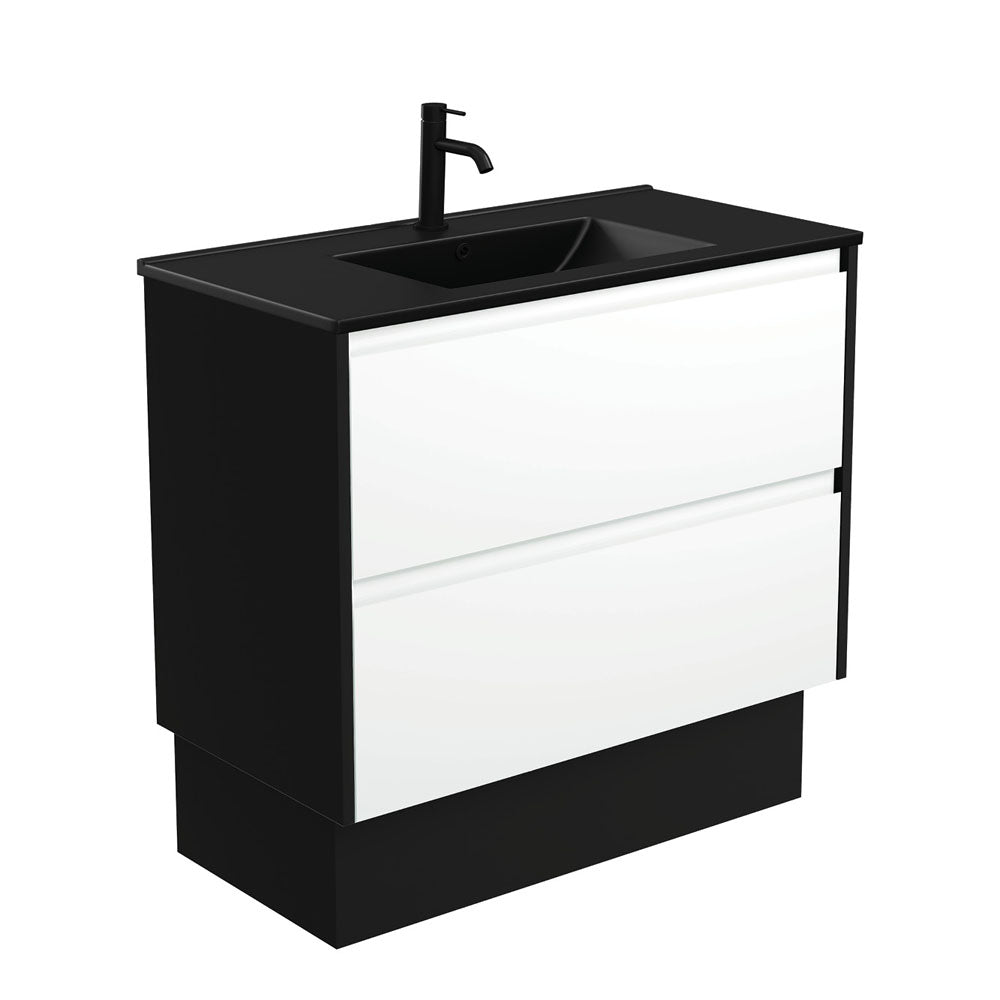 Dolce Matte Black Amato 900 Satin White Vanity On Kick, Satin Black Panels