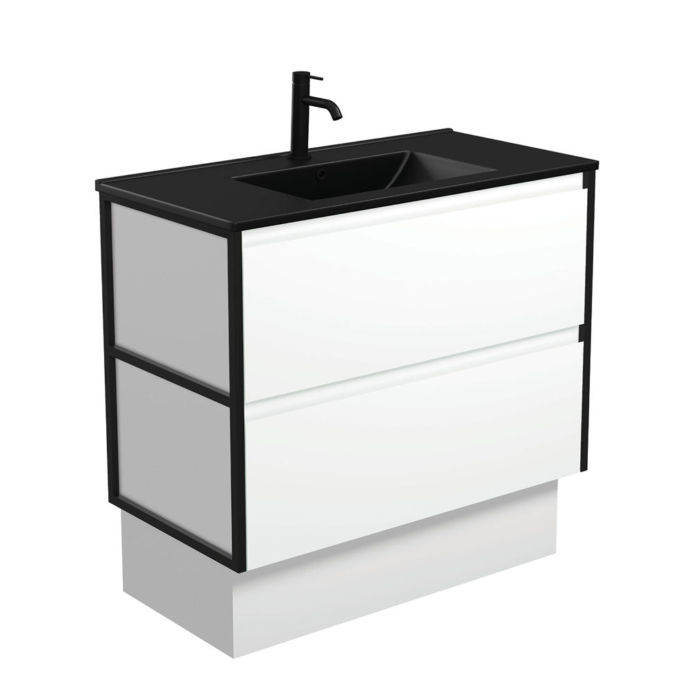 Dolce Matte Black Amato 900 Satin White Vanity On Kick, Matte Black Frames