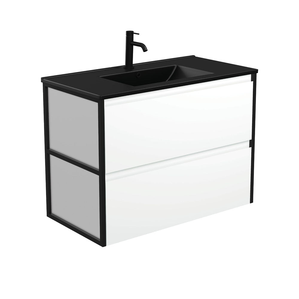 Dolce Matte Black Amato 900 Satin White Wall-Hung Vanity, Matte Black Frames