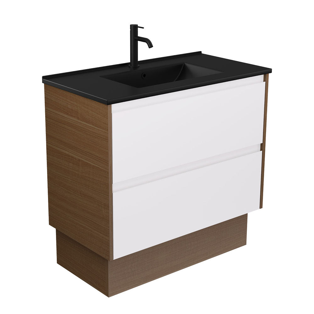 Dolce Matte Black Amato 900 Satin White Vanity on Kick, Walnut Panels