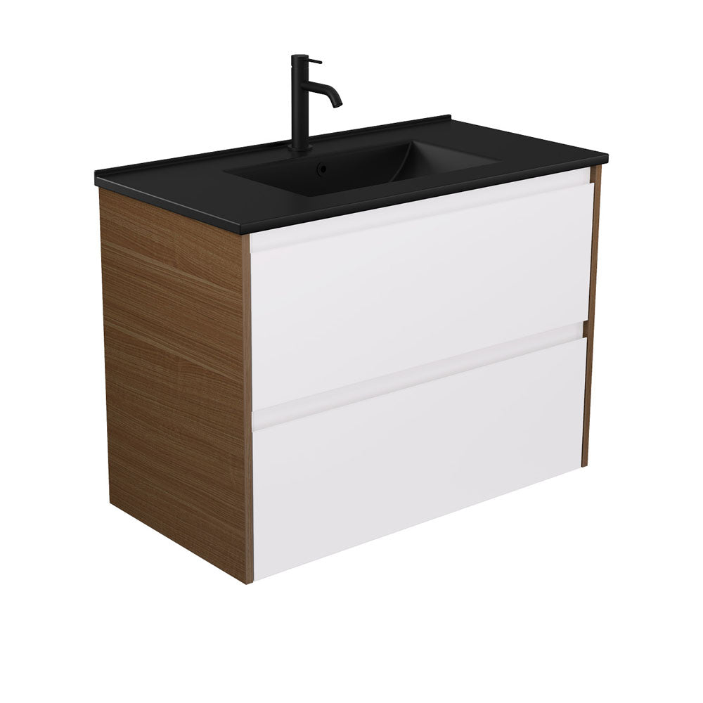 Dolce Matte Black Amato 900 Satin White Wall Hung Vanity, Walnut Panels