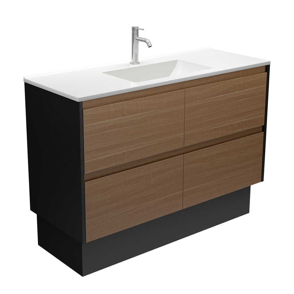 Vanessa Amato 1200 Walnut Vanity On Kick, Satin Black Panels