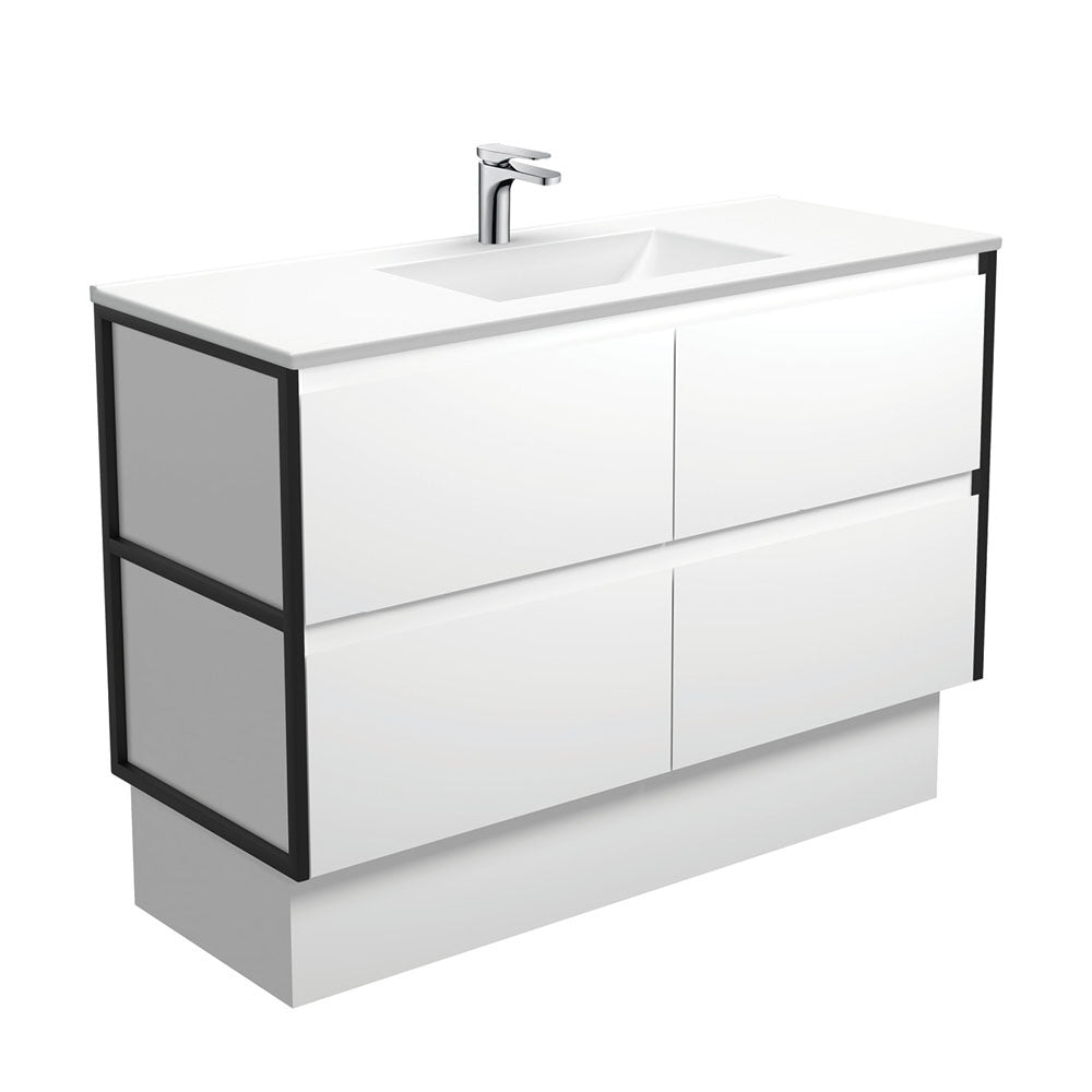 Vanessa Amato 1200 Satin White Vanity On Kick, Matte Black Frames