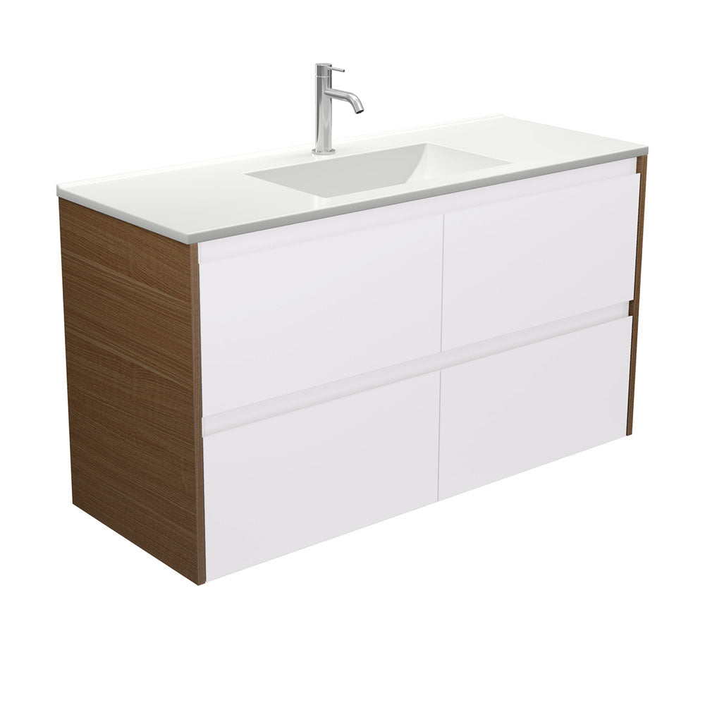 Vanessa Amato 1200 Satin White Wall Hung Vanity, Walnut Panels