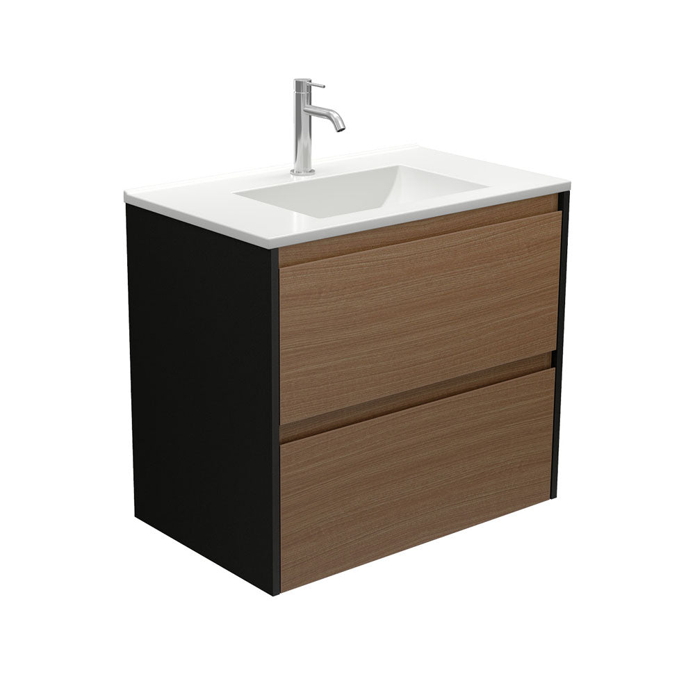 Vanessa Amato 750 Walnut Wall-Hung Vanity, Satin Black Panels