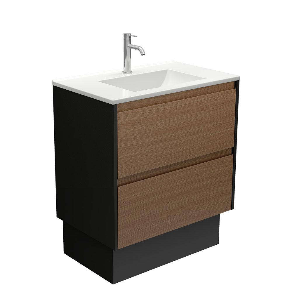Vanessa Amato 750 Walnut Vanity On Kick, Satin Black Panels