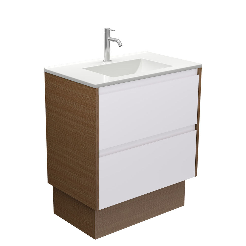 Vanessa Amato 750 Satin White Vanity on Kick, Walnut Panels