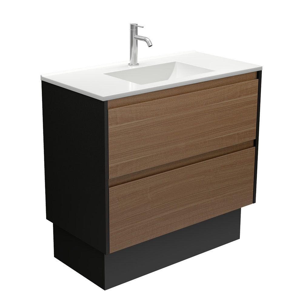 Vanessa Amato 900 Walnut Vanity On Kick, Satin Black Panels
