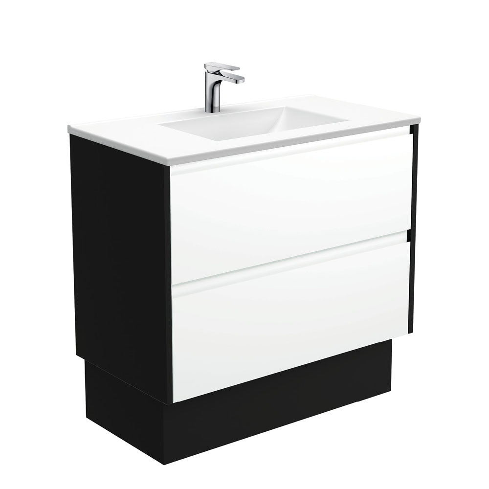 Vanessa Amato 900 Satin White Vanity On Kick, Satin Black Panels