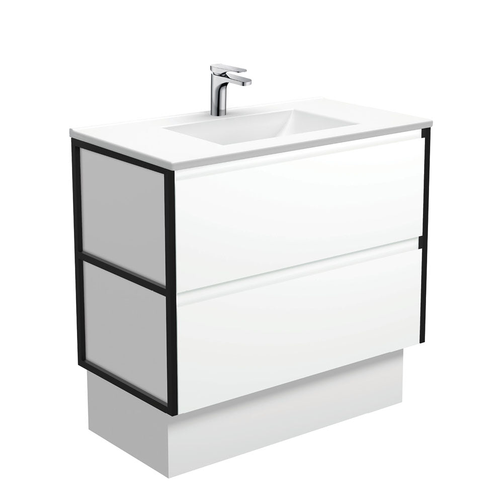 Vanessa Amato 900 Satin White Vanity On Kick, Matte Black Frames