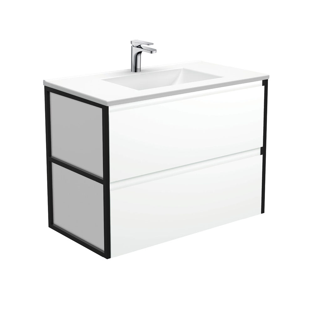 Vanessa Amato 900 Satin White Wall-Hung Vanity, Matte Black Frames