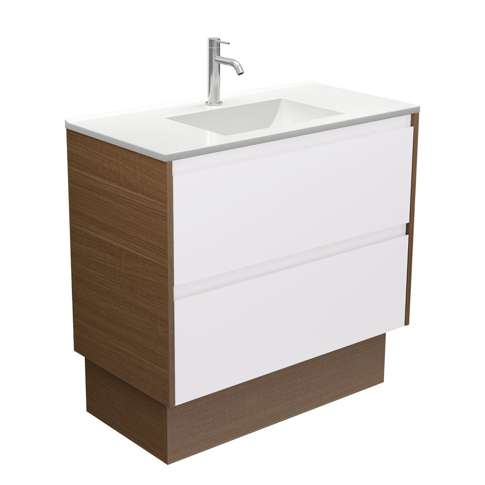Vanessa Amato 900 Satin White Vanity on Kick, Walnut Panels