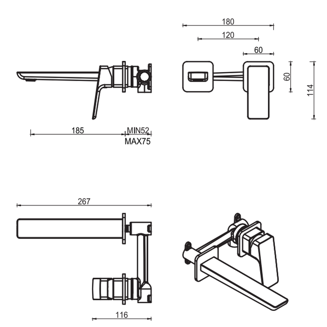 Tiago Wall-Spout Combo - 2P - TRIM KIT ONLY