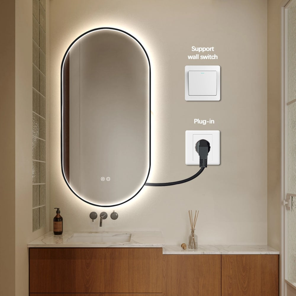 Oval LED Bathroom Mirror 50cm x 100cm Frontlit Black Frame Defogger Dimmable