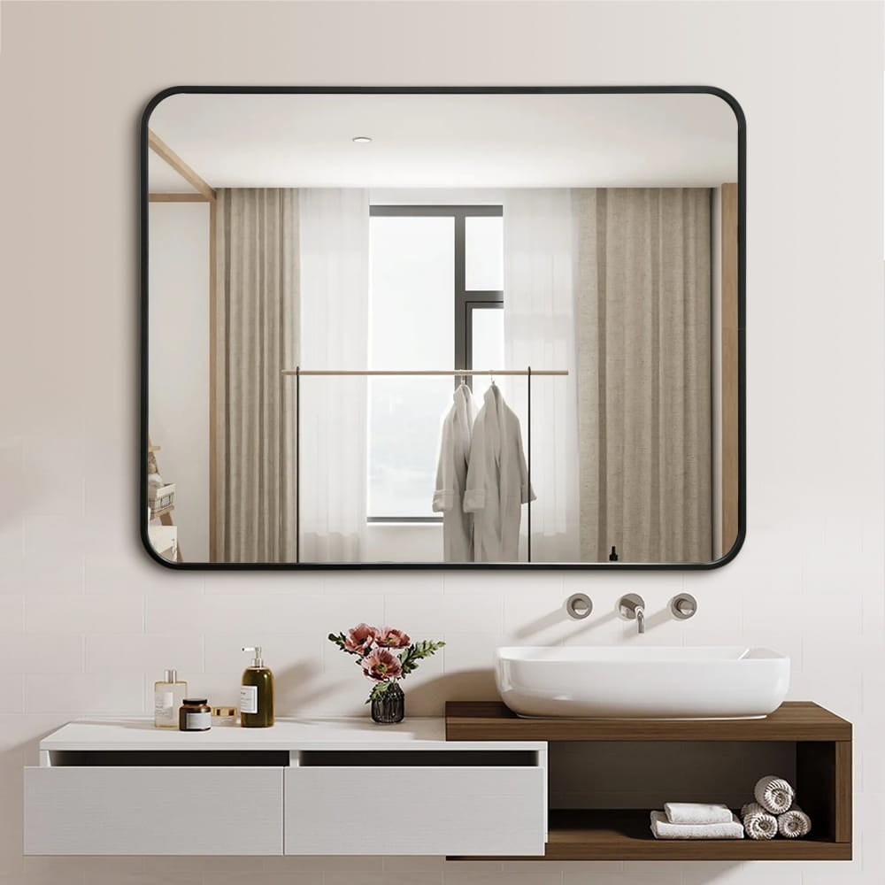 Rounded Edge Wall Mirror – 100cm x 80cm Black / Gold Aluminium Frame