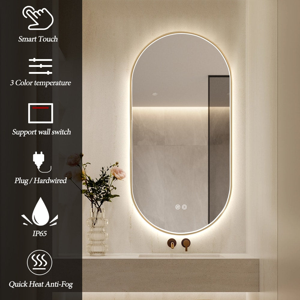 Oval LED Bathroom Mirror 50cm x 100cm Frontlit Gold Frame Defogger Dimmable