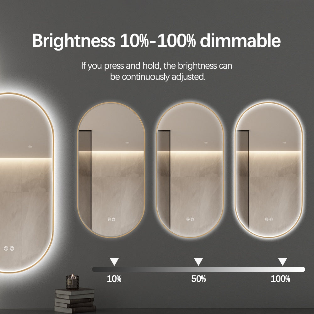 Oval LED Bathroom Mirror 50cm x 100cm Frontlit Gold Frame Defogger Dimmable