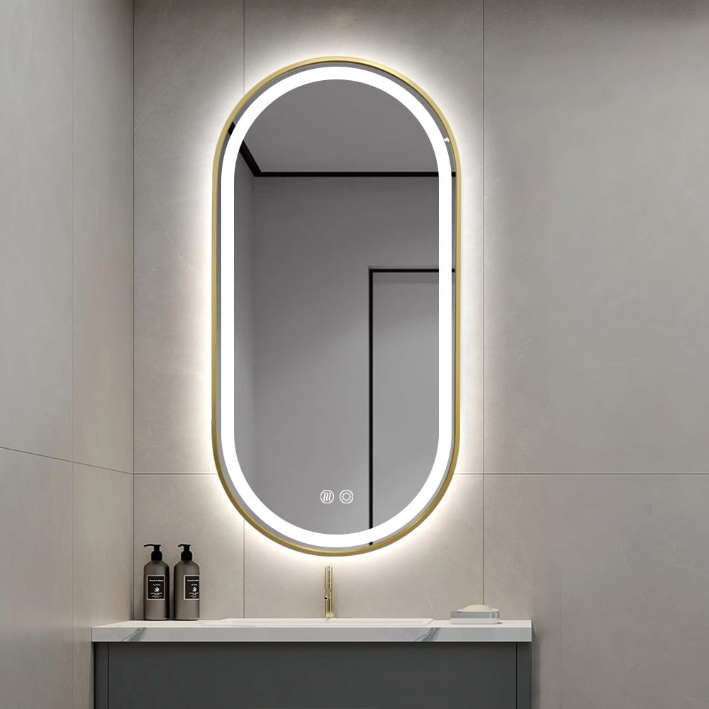 Gold Oval LED Bathroom Mirror – Frosted Edge, Defogger, Dimmable (3 Sizes)