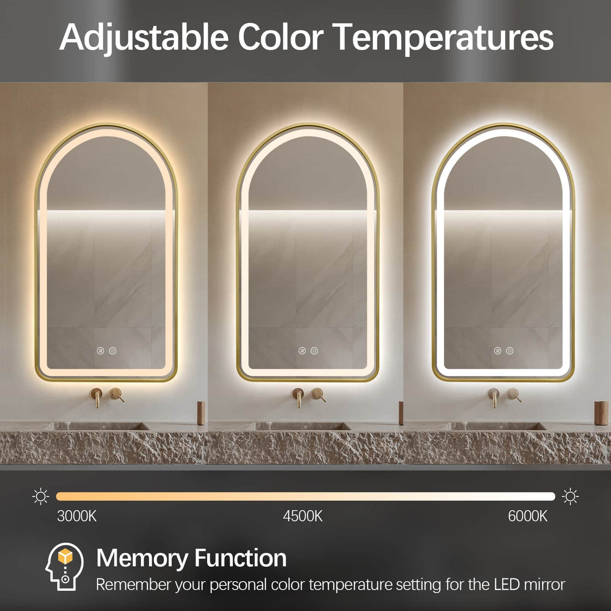 Arched LED Gold Frame Wall Mirror 90cm x 50cm Frosted Defogger Dimmable Vanity
