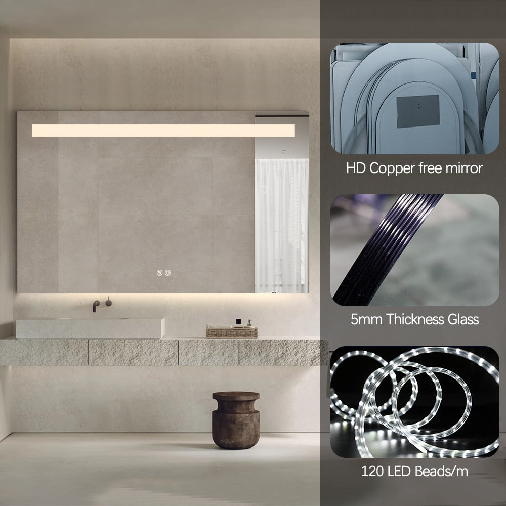 Rectangular LED Bathroom Mirror Frameless Frosted Frontlit Top Strip