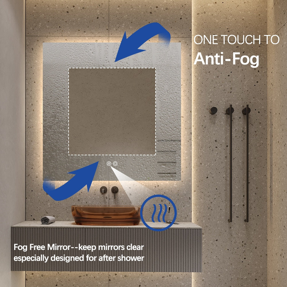 Square LED Bathroom Mirror 80cm x 80cm Frameless Backlit Straight Corner Dimmable