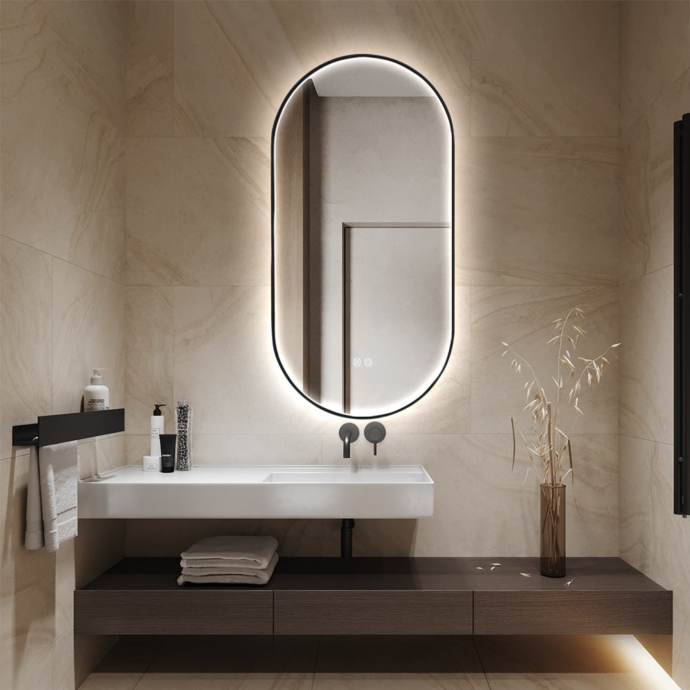 Oval LED Bathroom Mirror 50cm x 100cm Frontlit Black Frame Defogger Dimmable