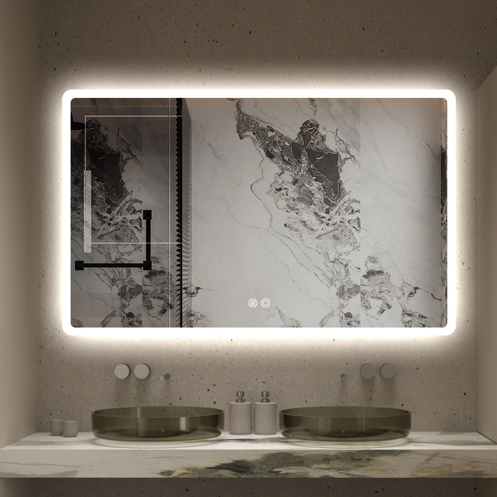 Rectangular LED Mirror Frameless Frosted Wall Mounted Bathroom Defogger Dimmable Touch Sensor