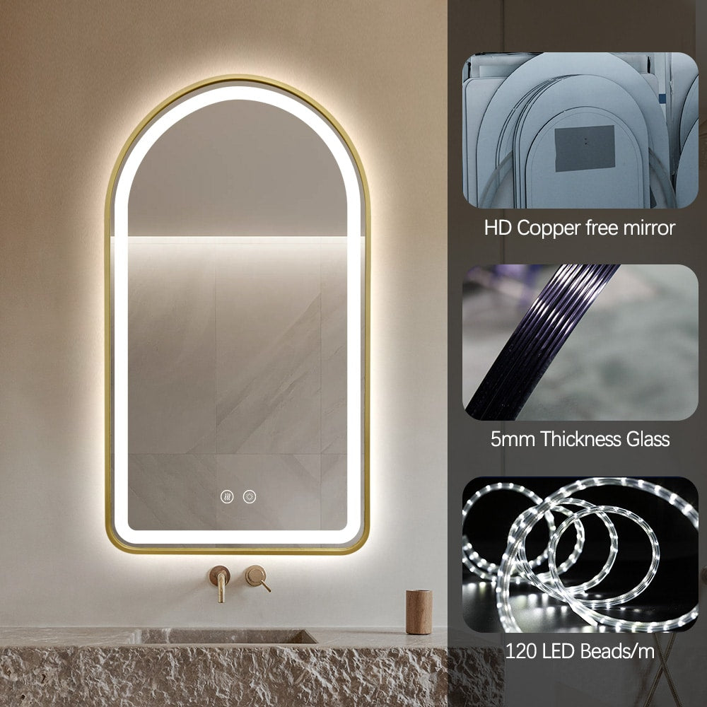 Arched LED Gold Frame Wall Mirror 90cm x 50cm Frosted Defogger Dimmable Vanity