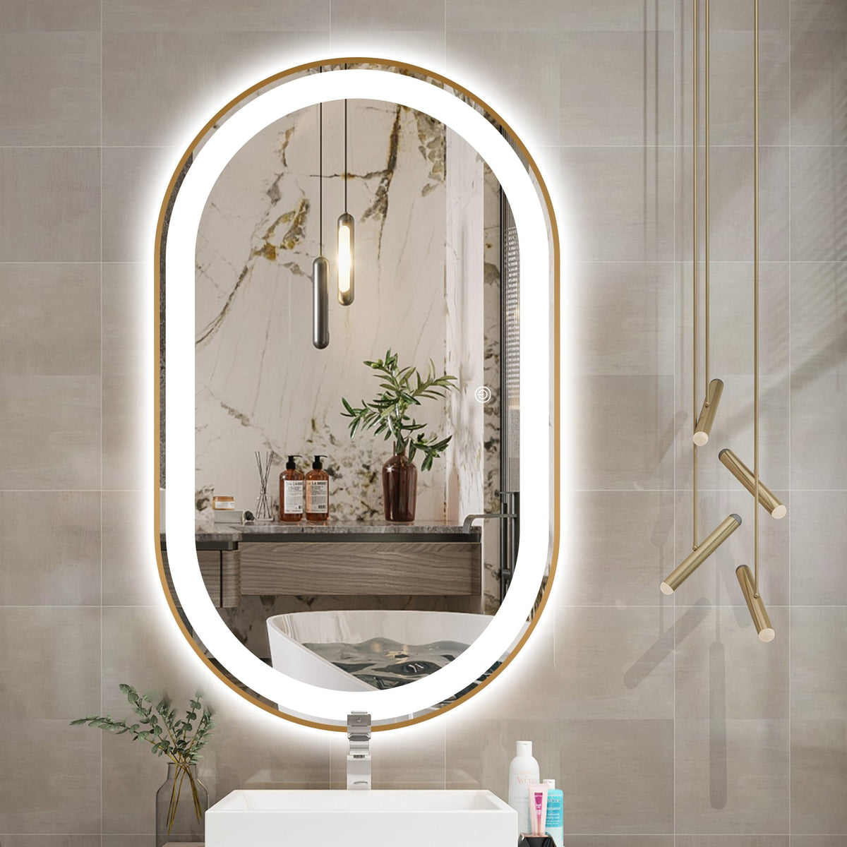 Gold Oval LED Bathroom 90cm x 45cm Frosted Edge Defogger Dimmable Wall Mirror