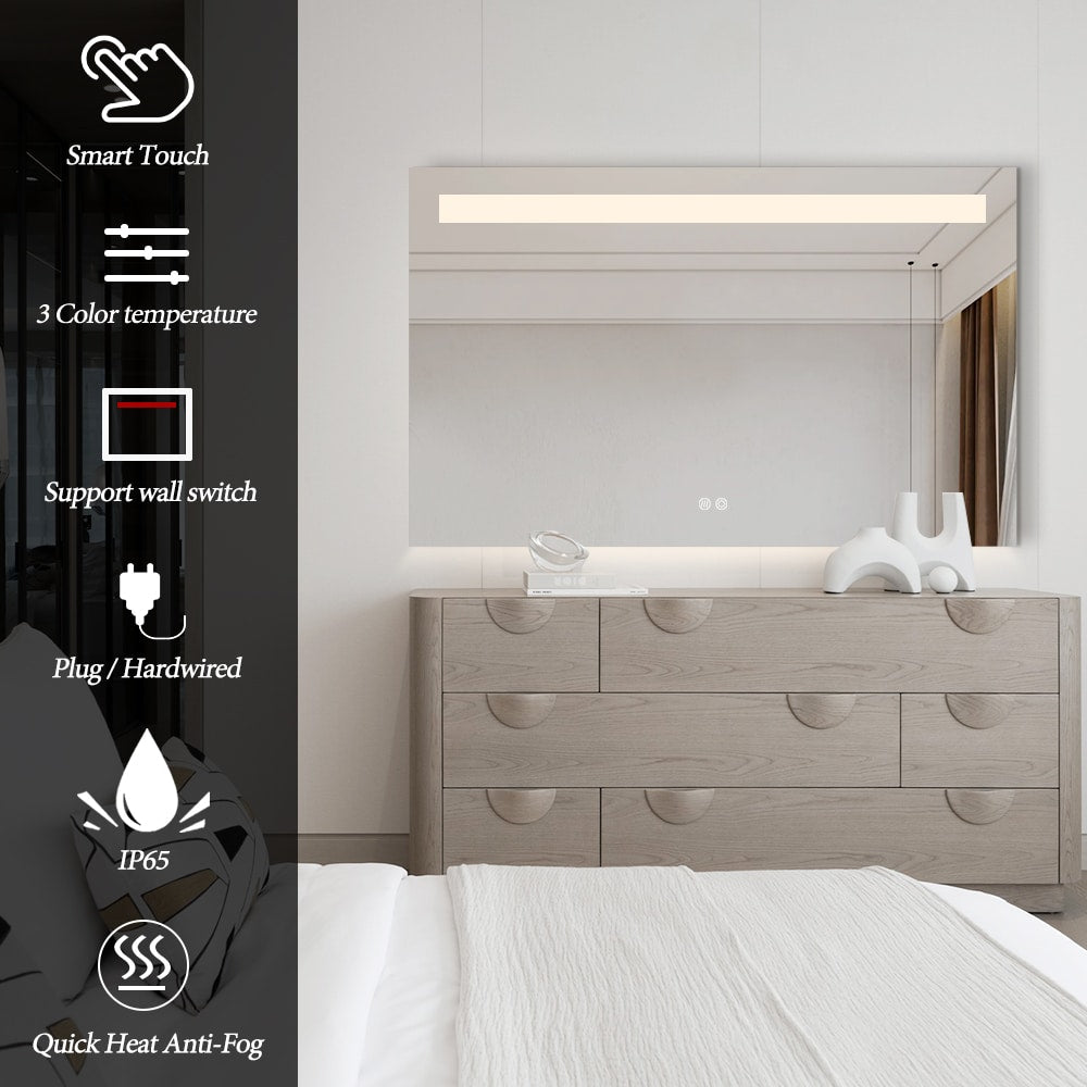 Rectangular LED Bathroom Mirror Frameless Frosted Frontlit Top Strip