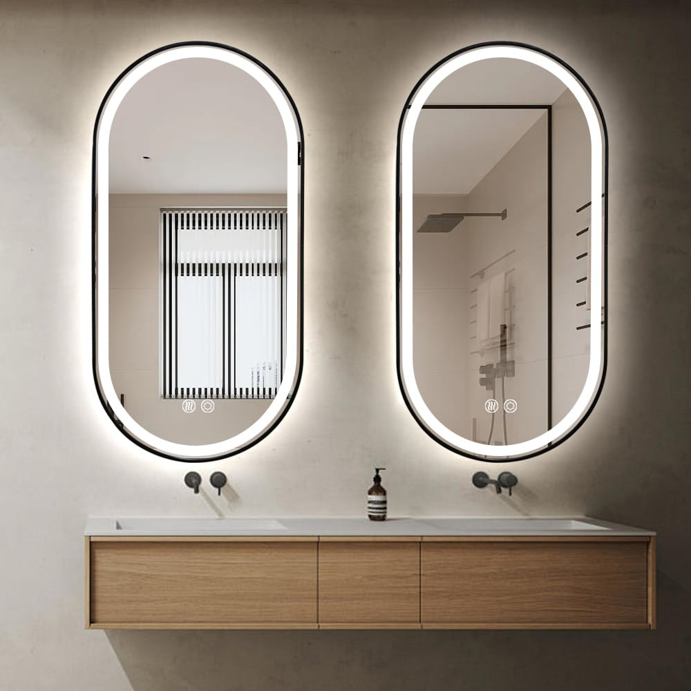 Black Oval LED Bathroom Mirror – Frosted Edge, Defogger, Dimmable (3 Sizes)